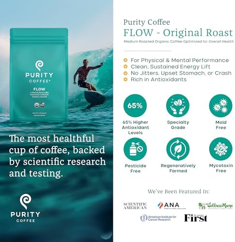 Purity Coffee FLOW Original Medium Roast Ground (12oz Bag) | Specialty-Grade USDA Organic Arabica Blend | Third Party Tested for Mold, Mycotoxins & Pesticides