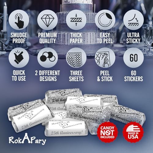 25th Anniversary Miniatures Candy Bar Wrapper, (Set of 60) Mini Candy Chocolate Bar Stickers; Silver and White, Candy Not Included. Made in USA