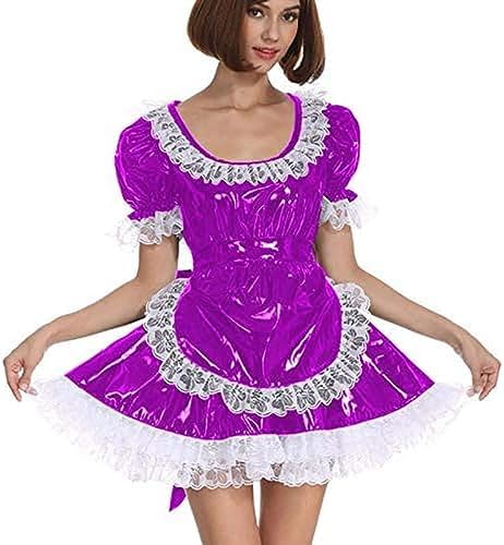 Lace Trim Apron Lolita Cosplay Costume A-line Mini Dress PVC Short Sleeve Pleated Dresses,Black,XXL