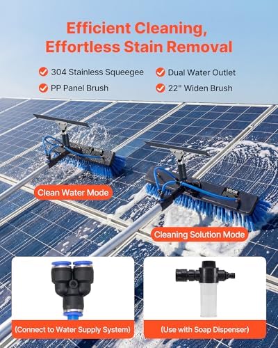 VEVOR Solar Panel Cleaning Kit, 33 ft, Water Fed Pole Kit with Cleaning Brush, Squeegee, Soap Dispenser, Extendable Aluminum Telescopic Pole, 180° Rotatable Brush Head, for Roof Mounted Solar Panels