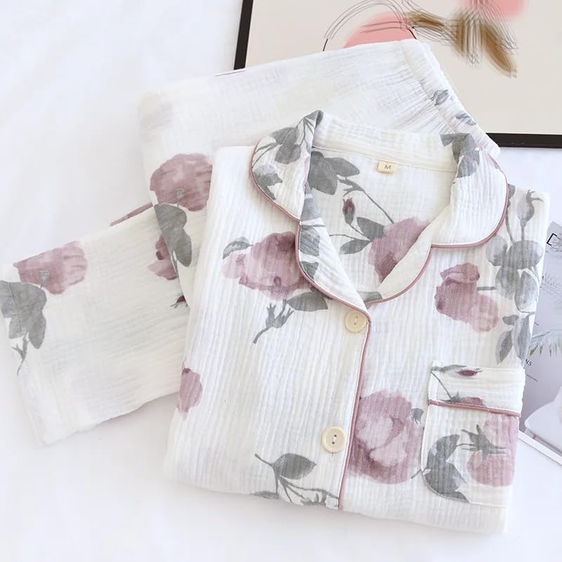 REHJJDFD Women's Cotton Print Gauze Pajamas Long Sleeves Trousers Casual Loose Sleepwear 2 Piece