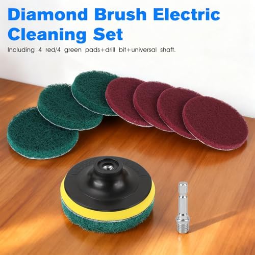 4-Inch Scrub Drill Brush Power Scouring Pads Household Cleaning Set 4 Red Pads 4 Green Pads 1 Drill Attachment and 1 Universal Shaft for Kitchen Bathroom Tiles Bathtubs Glass Porcelain