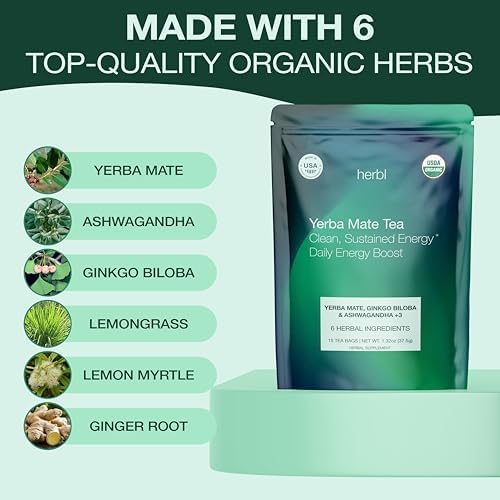Organic Yerba Mate Tea Bags - Natural Energy Tea With Ashwagandha & Ginkgo Biloba - Organic Unsmoked Yerba Mate Tea for a Natural Sustained Energy Boost - Coffee Alternative, Naturally Occurring Caffeine
