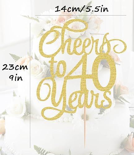 Cheers to 40 Years Cake Topper - Gold Glitter 40th Birthday Cake Decorating Supplies, Perfect for 40th Anniversary or Forty Birthday Party, Photo Booth Props