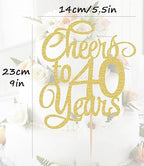 Cheers to 40 Years Cake Topper - Gold Glitter 40th Birthday Cake Decorating Supplies, Perfect for 40th Anniversary or Forty Birthday Party, Photo Booth Props
