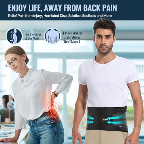 Fit Geno Back Brace for Lower Back Pain Relief - Lumbar Support for Men & Women, Supportive Breathable and Adjustable Weight Lifting Belt for Herniated Discs, Heavy Lifting - M