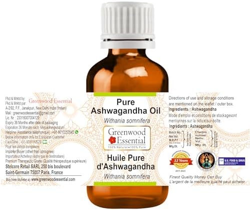 Greenwood Essential Pure Ashwagandha Oil (Withania somnifera) Premium Therapeutic Grade for Hair, Skin & Aromatherapy 50ml (1.69 oz)