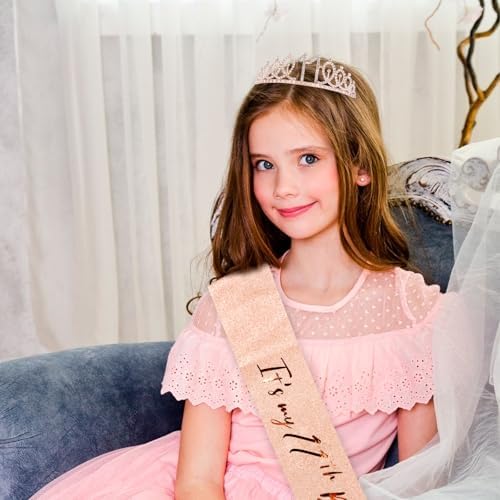 CIEHER 11th Birthday Crown + Sash + Pearl Pin Set, It's My Birthday Sash, 11th Birthday Tiara, Birthday Decorations & Gifts
