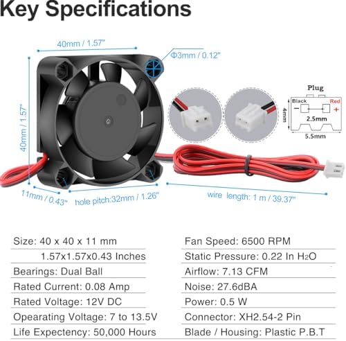 GDSTIME 2Pcs 40mm x 10mm 3D Printer Cooling Fan 12V, DC Brushless Dual Ball Bearing Mini 4010 Fans 2 Pin with 39 Inches Cable for DVRs NVR DVD Switchs Heat Sink Battery Charger