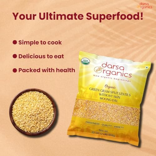 Darsa Organics Yellow Moong Dal (2lb) - USDA Organic Split Yellow Mung Beans - Premium Dry Lentils for Khichdi, Soup & Salad - Non-GMO, Chemical-Free & Kosher Protein Rich Vegan Superfood