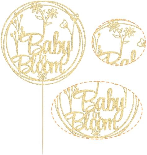 Gyufise 1Pcs Baby in Bloom Cake Topper Glitter Flower Theme Baby Shower Cake Pick Decorations Floral Baby Shower Gender Reveal Party Decorations Supplies Gold