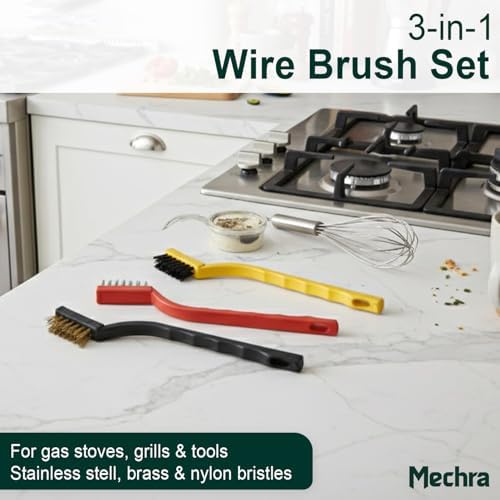 3-in-1 Wire Brush Set – Steel, Brass & Nylon Brushes for Cleaning Grills, Gas Stoves & Tools – Rust, Grease & Paint Removal Brushes with Ergonomic Handle – Multi-Surface Detailing Brush Kit