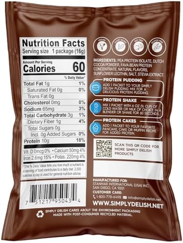 Simply Desserts Chocolate Protein Powder, Sugar-Free, 6-Pack – Plant-Based Nutritional Boost for Vegan Puddings, Baked Goods, Shakes & Snacks, Keto & Kosher, 0.56 Oz Ea