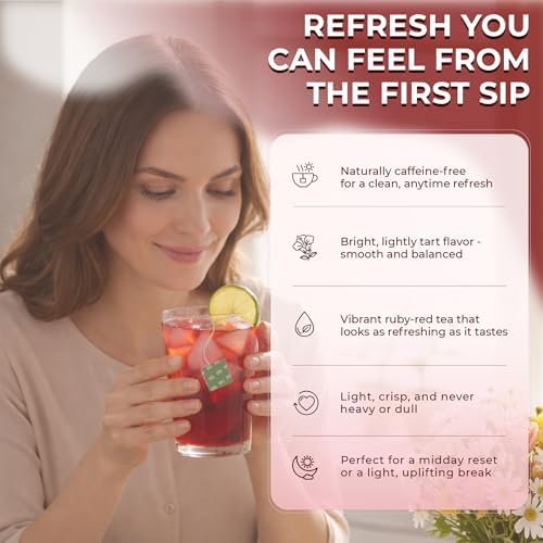 TEFA 40 Natural Hibiscus Tea Bags, 100% Pure Hibiscus Flowers, Refreshing Tart Flavor & Ruby Red Color, Caffeine-Free Herbal Tea, Individually Wrapped, Hot or Iced, Jamaica Tea, No Sugar, Vegan