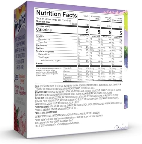 Welch's Singles To Go Variety Pack, Watertok Powdered Drink Mix, Includes 4 Flavors, Grape, Passion fruit, Strawberry Peach, Cherry Pomegranate, 1 Box (30 Servings)