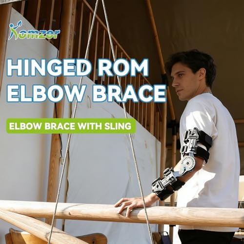 Komzer Hinged Elbow Brace,Adjustable Post OP ROM Elbow Brace with Sling Stabilizer Splint Arm Injury Recovery Support After Surgery (Left)