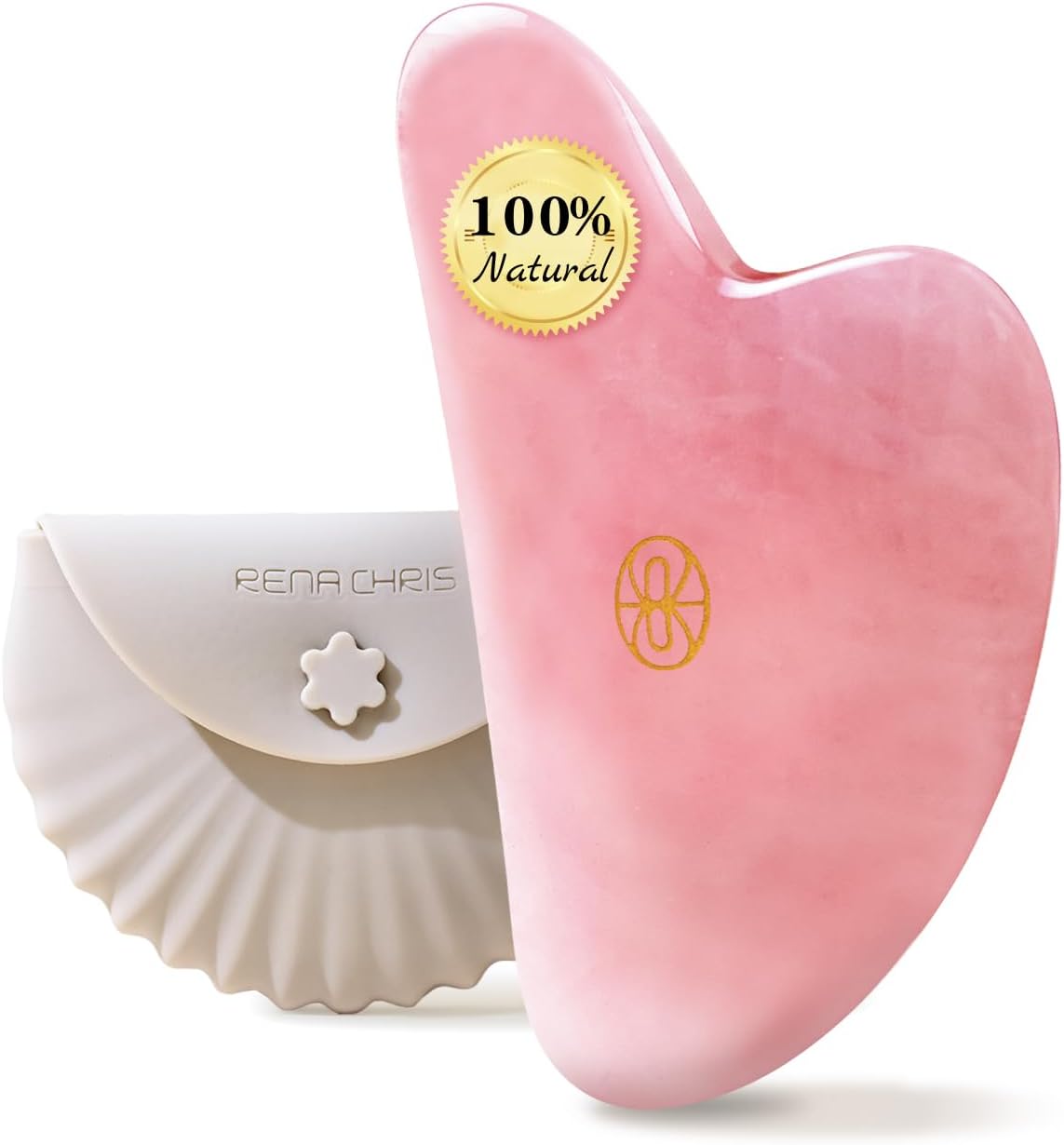 Rena Chris Gua Sha Facial Tools, Rose Quartz Guasha Tool for Acupuncture, Manual Massage Tool for Jawline Sculpting and Puffiness Reducing, Gua Sha Facial Massage Tool with Silicone Case (Rose Pink)