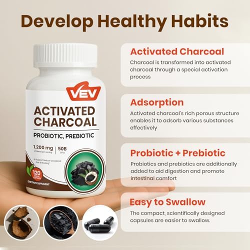 VEV Activated Charcoal with Organic Coconut Shell Charcoal & 50 Billion Probiotics – 120 Vegan Capsules for Digestive Wellness & Dietary Support