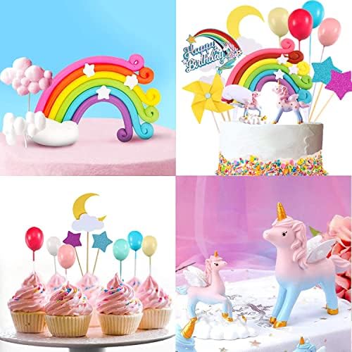 Unicorn Party Cake Topper Kit With 2 Sculptures, Rainbow Balls Cloud for Birthday Party Supplies
