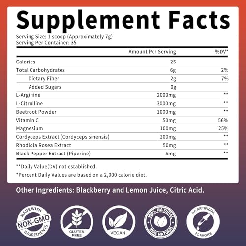 Nitric Oxide Supplement - Beet Root Powder with L-Citrulline & L-Arginine, Nitric Oxide Supplements for Men Women with Beetroot, Supports Energy, Heart Health, BlackBerry Lemon Flavor, 35-Day Supply