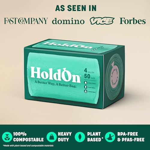HoldOn Small Trash Bags 4 Gallon - 100 Plant-Based Garbage Bags for Small Trash Bins - Trash Bags for Kitchen Bin (2-pack, 100 bags), 1.0 Count, (HO#4G_2PK)