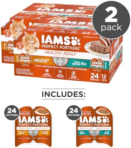 IAMS Perfect Portions Sensitive Digestion & Skin Wet Cat Food Pate, Healthy Adult Grain Free Pate, Chicken and Tuna Recipe, 2.6 oz. (24 Twin Packs)
