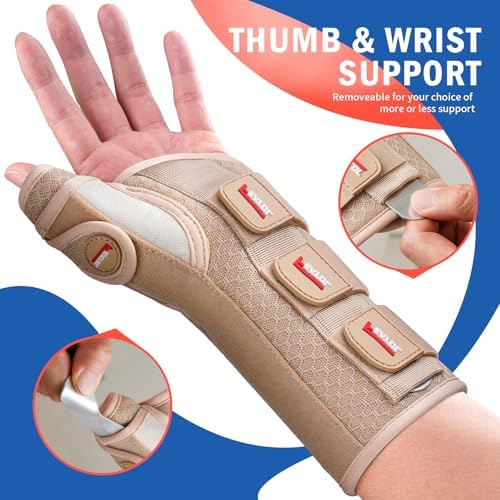 FEATOL Carpal Tunnel Wrist Brace Night Support, Thumb Spica Splint Right Hand for De Quervains Tenosynovitis, Tendonitis, Thumb Brace for Women Men, Beige, Small/Medium