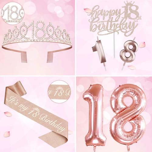 18th Birthday Decorations for Girls, Including 18th Birthday Sash and Tiara, Cake Topper and Candles, Number Balloons, 18 Year Old Gifts for Girls