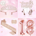 18th Birthday Decorations for Girls, Including 18th Birthday Sash and Tiara, Cake Topper and Candles, Number Balloons, 18 Year Old Gifts for Girls
