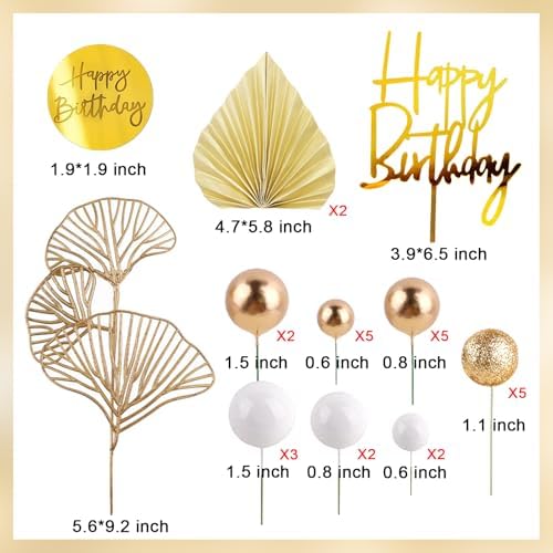 MEMOVAN White Gold Balls Cake Toppers Champagne Rose Cake Decoration with Gold Palm Leaves Boho Birthday Cake Decoration Balloon Cake Insert for Birthday Bohemian Wedding Baby Shower Party