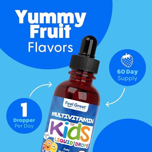 Feel Great Vitamins Organic Multivitamin Liquid Drops for Toddlers & Kids | Daily Essential Nutrients for Healthy Growth | No Iron, Sugar-Free | USDA Organic, Vegan, Non-GMO, Gluten-Free | 2 Fl Oz