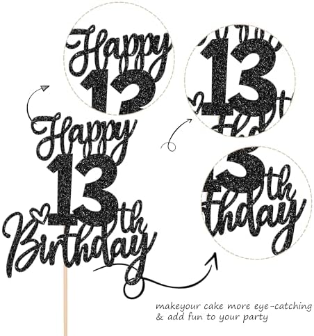 1 PCS Happy 13th Birthday Cake Topper Glitter Cheers to 13 Years Birthday Cake Pick 13 Official Teenager Cake Decoration for Happy 13th Birthday Anniversary Theme Party Decorations Supplies Black