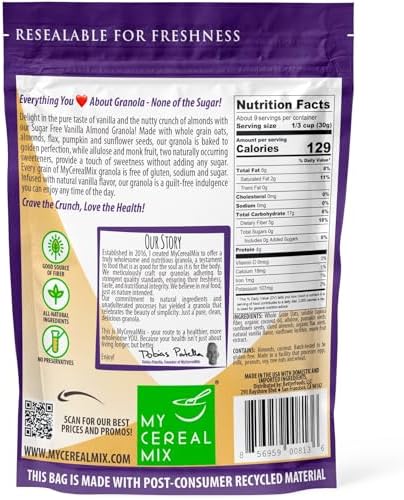 MyCerealMix Sugar Free Granola Vanilla Almond, Trial Size 10oz – Keto Friendly, Diabetic Approved, High Fiber Gluten Free Cereal, Monk Fruit Sweetened, Plant-Based Healthy Breakfast Snack