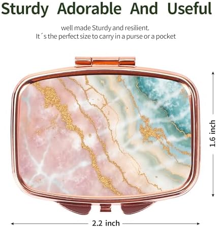 Pill Case Pill Box with Mirror Retro Pocket 2 Compartment Medicine Case Vitamin Pill Organizer for Pocket Purse and Travel - Rose Gold-Marble Veins