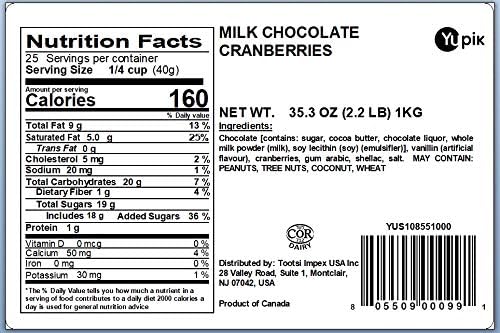 Yupik Milk Chocolate Covered Cranberries, 2.2 lb (35.2 oz), Kosher, Dried Fruits, Dried Cranberries Dipped in Fine Milk Chocolate, Smooth & Chewy, Sweet Snacks, Chocolate Candy, For Topping & Baking