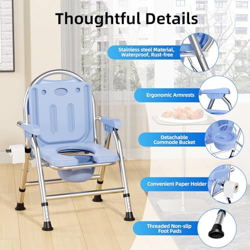 4 in 1 Folding Bedside Commode Chair for Elderly with Arms and Back,Adjustable Height Raised Toilet Seat with Handles,Adults Potty Chair for Seniors,Disabled,Holds Up to 350 lb (ABS Plastic Seat)