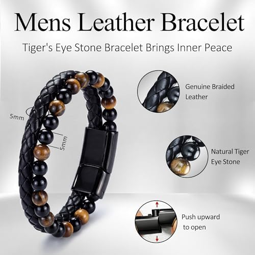 RANKEEF Gifts for Men - Mens Beaded Leather Bracelet with Tiger Eye Stainless Steel Engraved Anniversary Christmas Birthday Gifts for Son Husband Man 7.5/8.5/9 Inches Mens Leather Bracelet