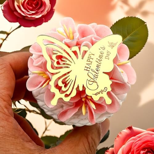 Happy Valentine's Day Butterfly Cupcake Toppers, 24 Pieces, Gold Mirrored Acrylic, Valentine's Day Party Decoration