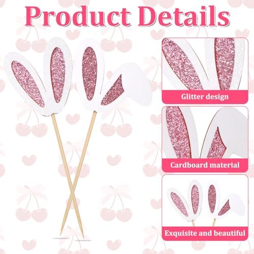 24 Pack Easter Bunny Ear Cupcake Toppers, Easter Day Rabbit Ears Cupcake Picks Glitter Rabbit Ear Cake Toppers for Baby Shower Birthday Party Cake Decorations Supplies