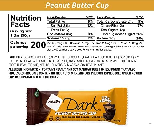NuGo Dark Chocolate Peanut Butter Cup, 12g Protein Bar, Vegan, Gluten Free, Non-GMO, Kosher Pareve, 12 Count