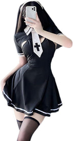 Sexy Nun Costume Women Cosplay Lingerie Gothic Maid Costume Nun Dress Anime Roleplay Halloween Outfits Black