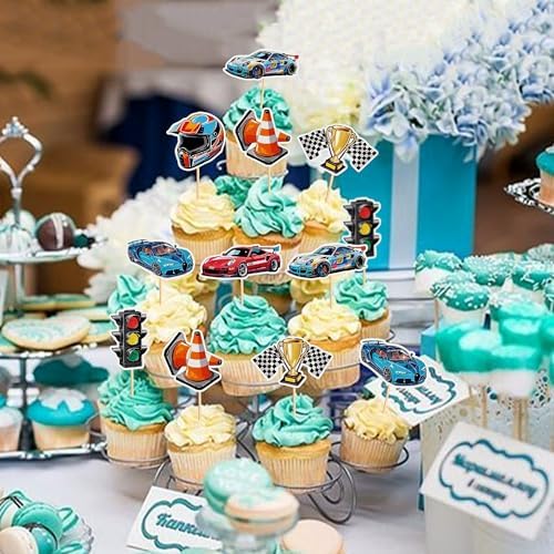 35PCS Race Car Cupcake Toppers Sparkling Trophy Flag Racing Cake Selected Racing Theme, Car Theme Party Supplies Baby Shower Boy Birthday Party Cake Decoration Supplie