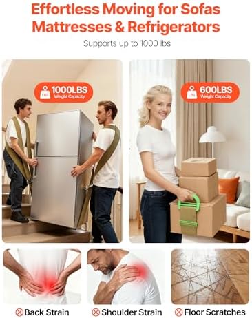VEVOR Moving Straps, 2-Person Lifting and Moving System with 2 Harness Straps, 1 Load-Bearing Strap & 1 Handheld Strap, Adjustable Lifting Shoulder Straps Move Furniture Appliances Mattresses