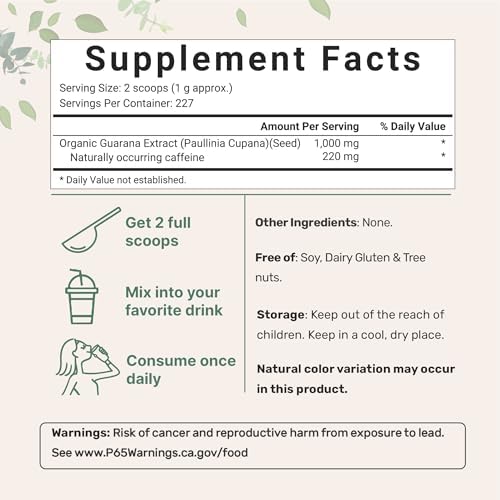 Micro Ingredients Organic Guarana Powder 1,000mg Per Serv, 8 Ounces | 220mg Natural Caffeine Energizer, Brazilian Herbal Extract, Raw, Bulk Superfood, Coffee Substitute, Vegan Friendly, & Non-GMO