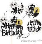 1 PCS Halloween Happy Birthday Cake Topper Glitter Jack and Sally Castle Ghost Halloween Cake Pick for Nightmare Theme Baby Shower Birthday Before Christmas Party Cake Decorations Supplies