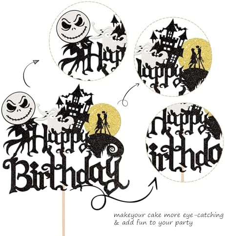 1 PCS Halloween Happy Birthday Cake Topper Glitter Jack and Sally Castle Ghost Halloween Cake Pick for Nightmare Theme Baby Shower Birthday Before Christmas Party Cake Decorations Supplies