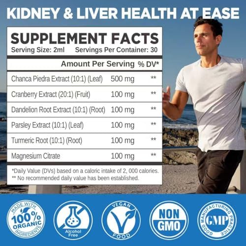 Kidney Cleanse Detox & Repair Liquid Drops, Kidney Liver Support Supplement for Women & Men, w/Chanca Piedra, Cranberry, Urinary Tract, Bladder Support,Vegan,Non-GMO,2 Fl Oz