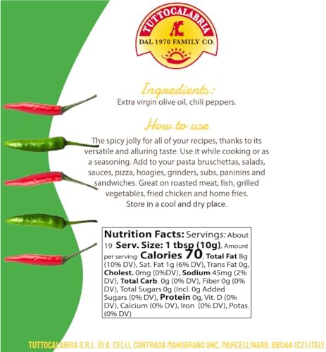 TuttoCalabria, Calabrian Chili Pepper Infused Oil, Calabrian Peppers infused with 100% Extra Virgin Olive Oil, 200 ml 6.7 oz