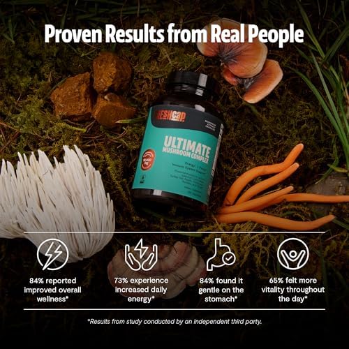 FreshCap Mushrooms Premium Organic Ultimate Mushroom Supplement - 12:1 Fruiting Body Extract with 29% Beta-Glucans - 3rd-Party Tested Nootropic for Energy, Focus & Immune Support (120 Capsules)