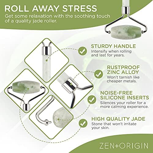 Jade Roller and Gua Sha Set - 100% Natural Jade Stone Face Roller, Dual Sided Massage Roller Stimulates Blood Flow, Relieves Stress, Reduces Signs of Aging, Travel Pouch Included, Gift Box